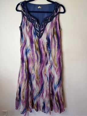 Reba size 8 cotton sleeveless v-neck embroidered BoHo marbled dress purple blue